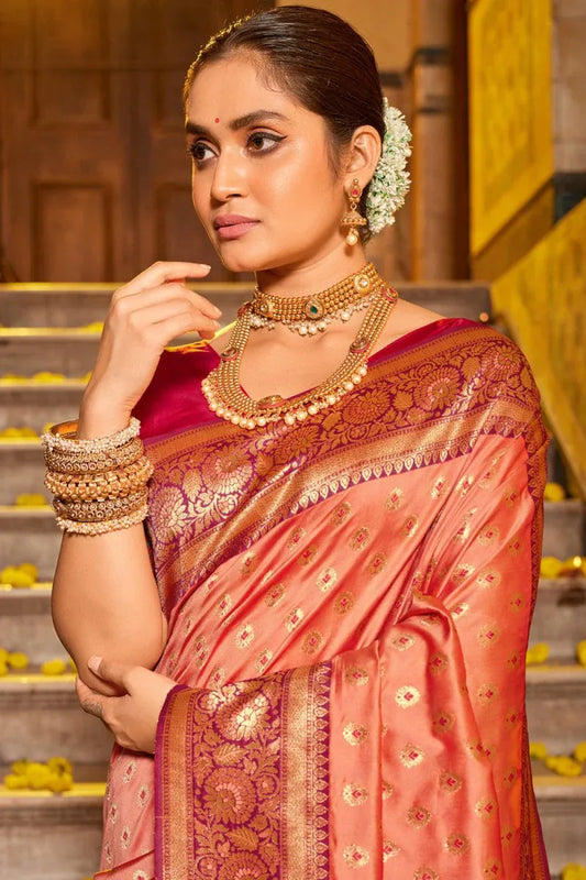 Peach Banarasi Silk Saree With Blouse Piece - EZBER
