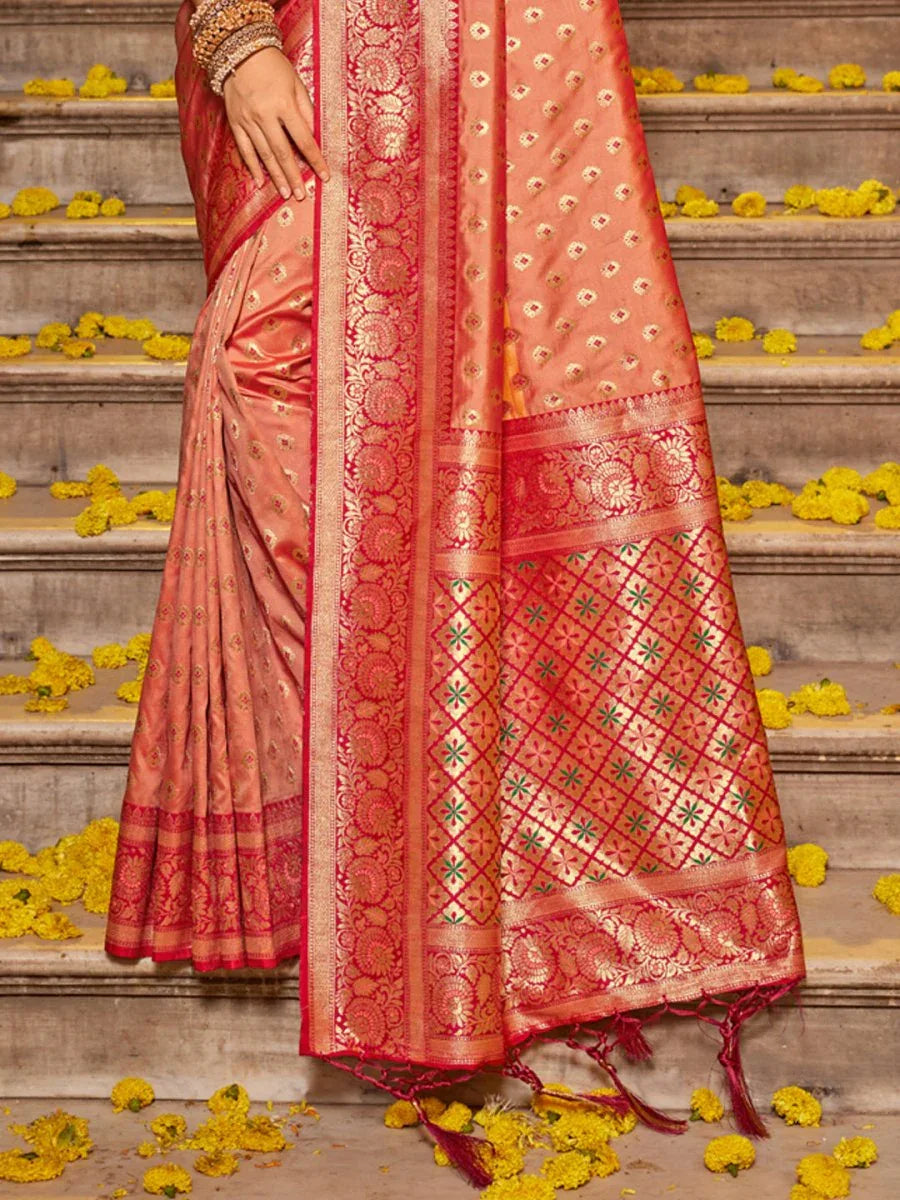 Peach Banarasi silk Saree With Blouse Piece - EZBER