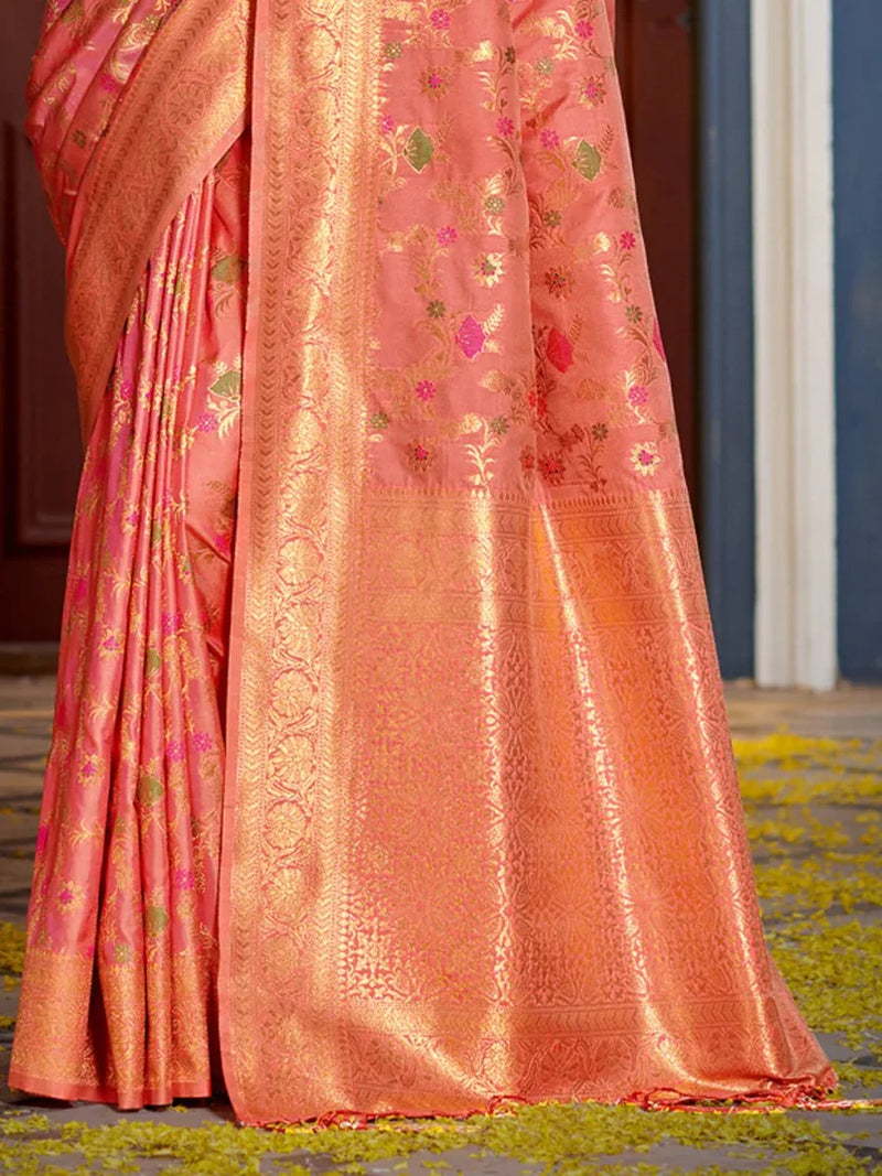 Peach Banarasi Silk Saree With Blouse Piece - EZBER