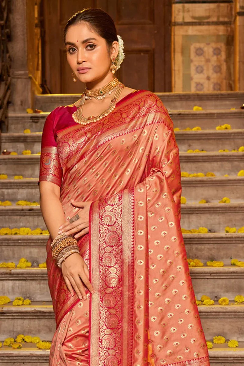 Peach Banarasi Silk Saree With Blouse Piece - EZBER