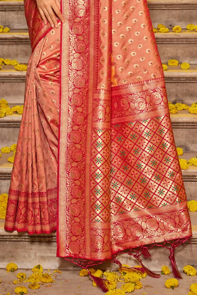 Peach Banarasi Silk Saree With Blouse Piece - EZBER