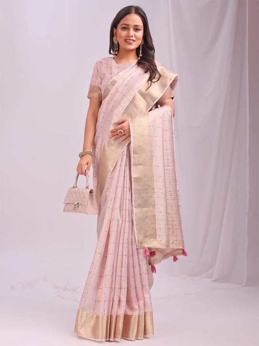 Peach CASUAL CHECKS Organza Saree with Blouse Piece - EZBER