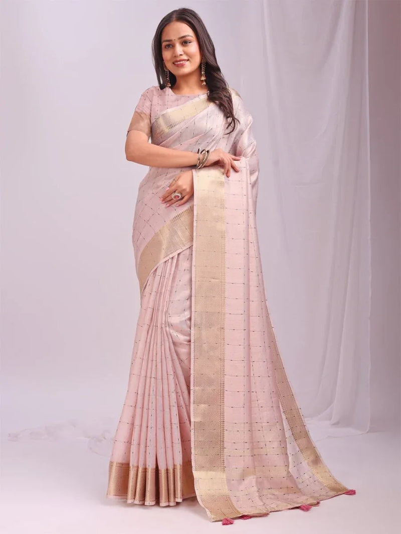 Peach CASUAL CHECKS Organza Saree with Blouse Piece - EZBER