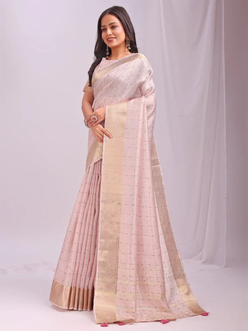 Peach CASUAL CHECKS Organza Saree with Blouse Piece - EZBER
