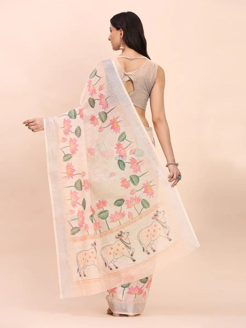 Peach COTTON CRUSH Linen Cotton Saree with Blouse Piece - EZBER