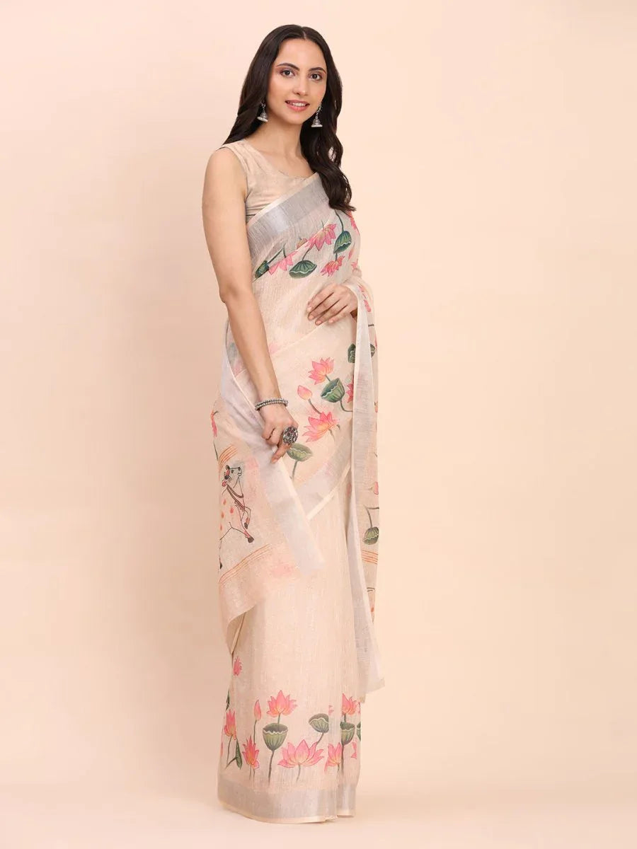 Peach COTTON CRUSH Linen Cotton Saree with Blouse Piece - EZBER