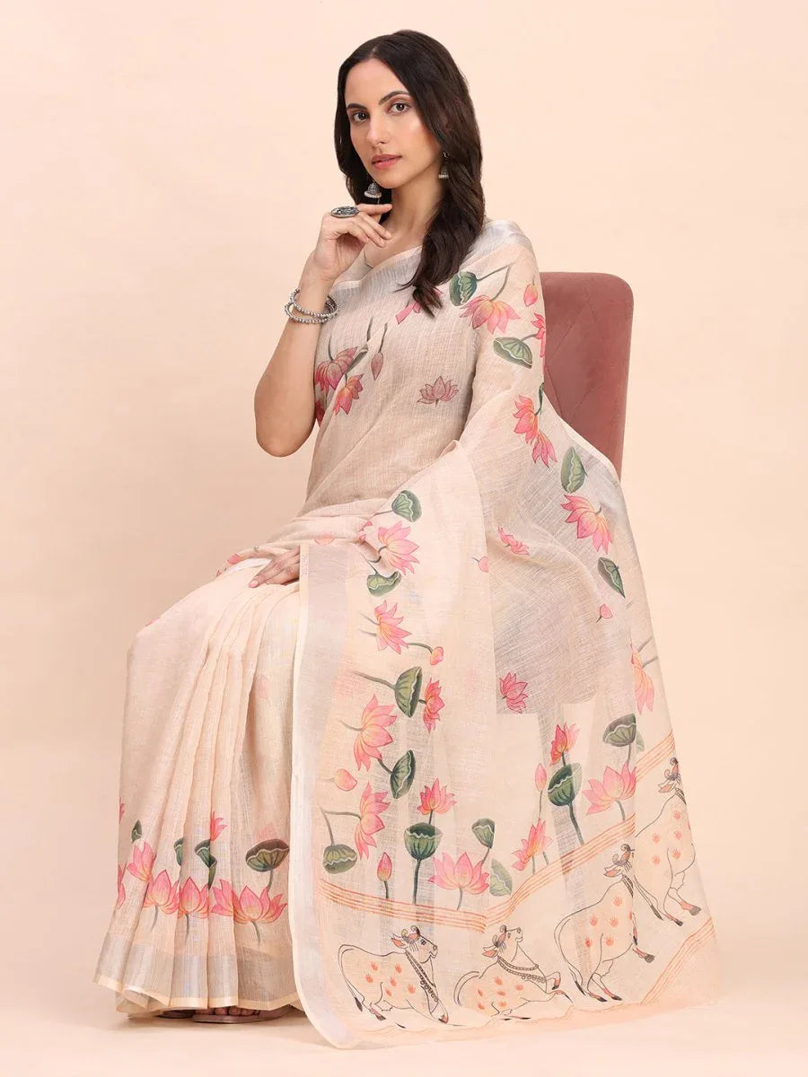 Peach COTTON CRUSH Linen Cotton Saree with Blouse Piece - EZBER