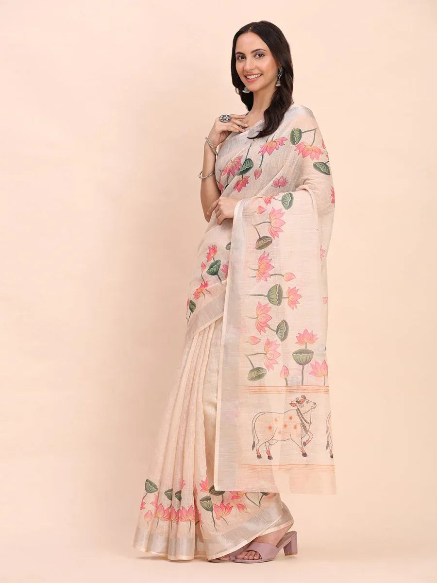 Peach COTTON CRUSH Linen Cotton Saree with Blouse Piece - EZBER