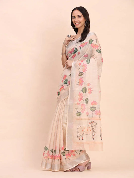 Peach COTTON CRUSH Linen Cotton Saree with Blouse Piece - EZBER