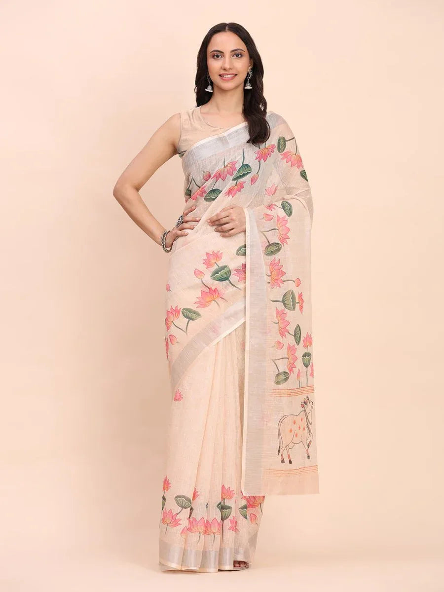 Peach COTTON CRUSH Linen Cotton Saree with Blouse Piece - EZBER
