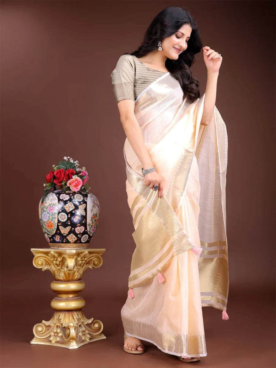 Peach Cotton Saree With Blouse Piece - EZBER