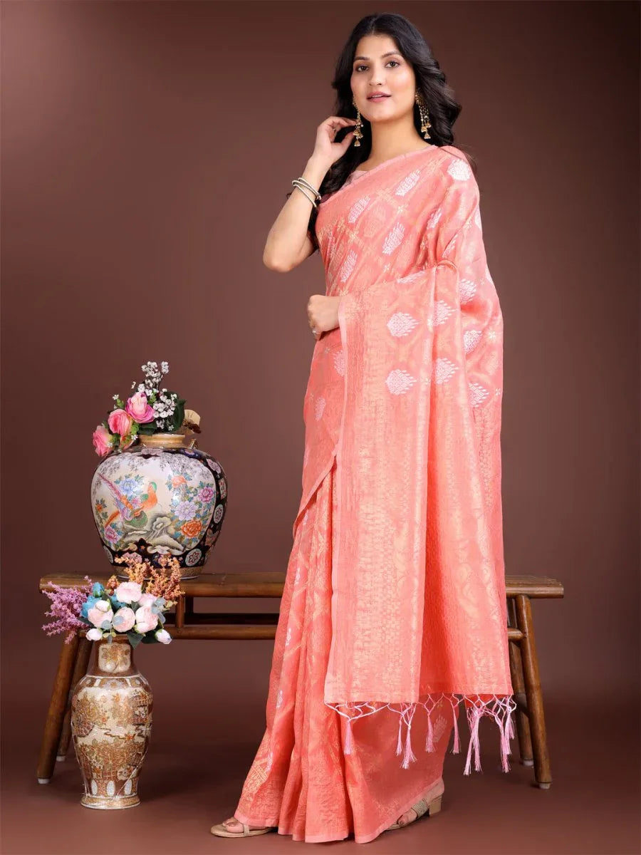 Peach Cotton Saree With Blouse Piece - EZBER