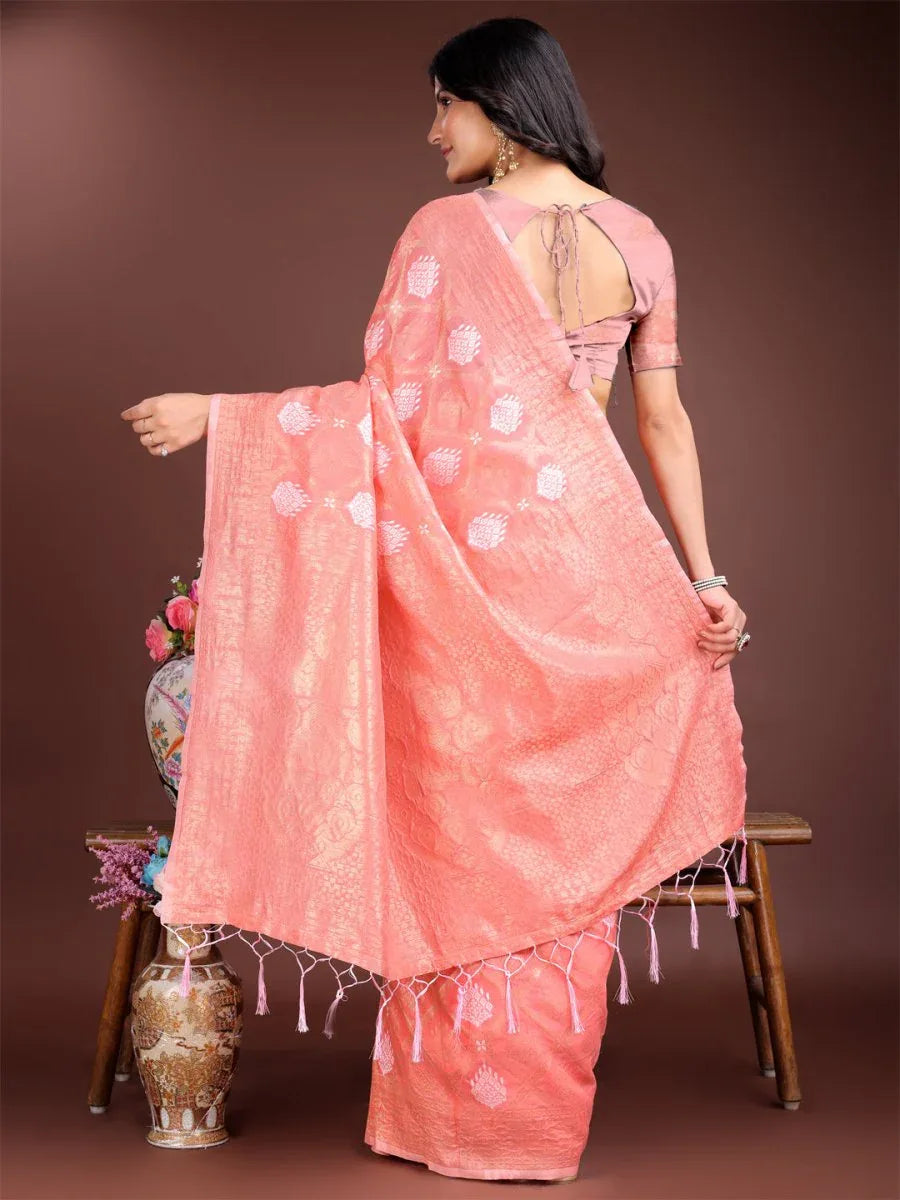 Peach Cotton Saree With Blouse Piece - EZBER