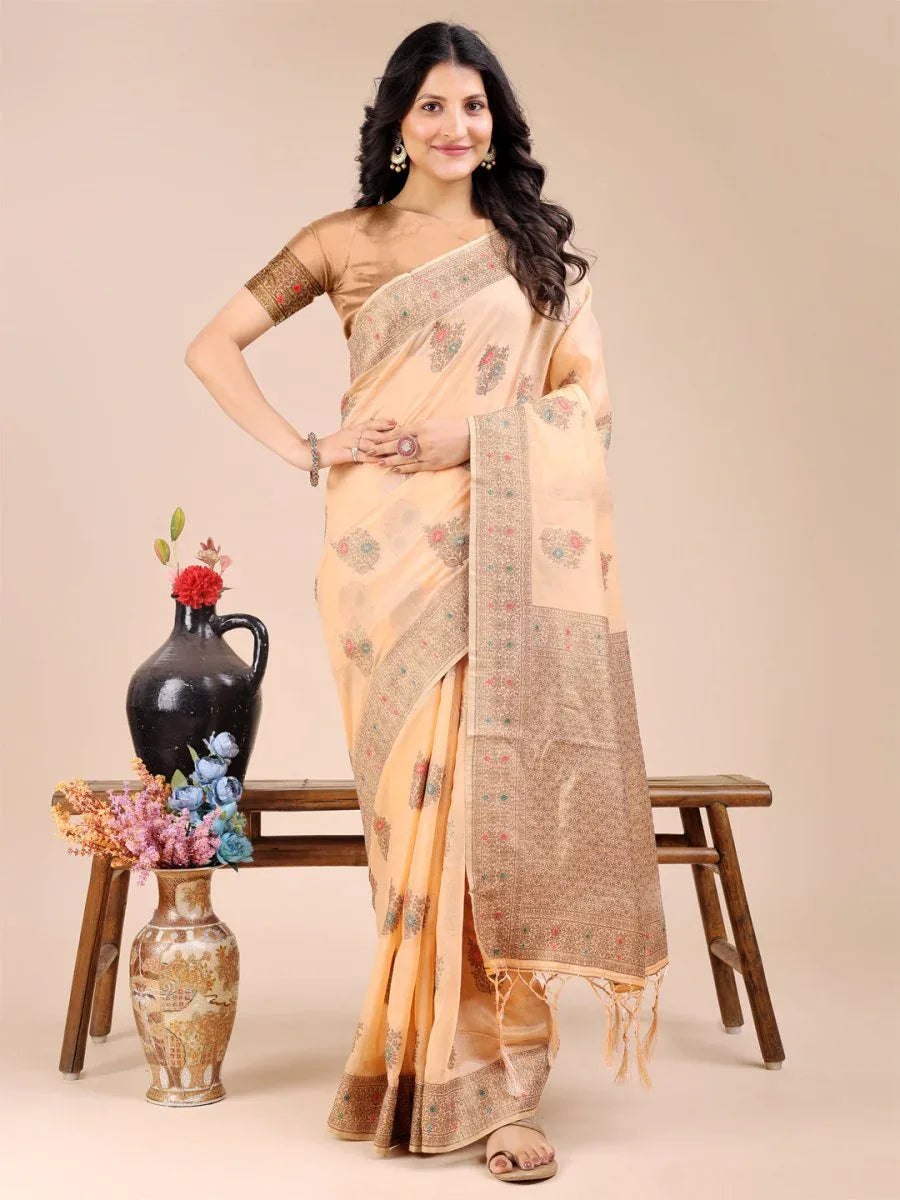 Peach Cotton Saree With Blouse Piece - EZBER