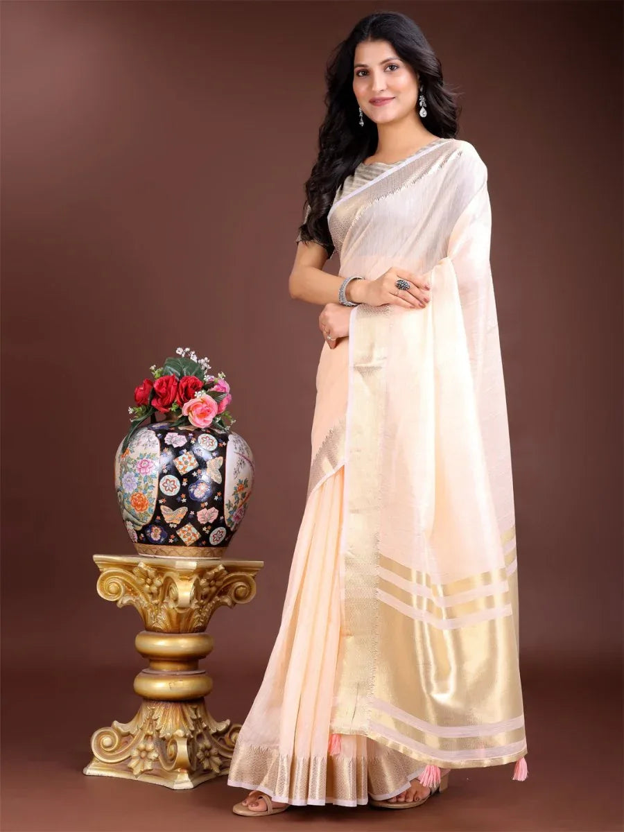 Peach Cotton Saree With Blouse Piece - EZBER