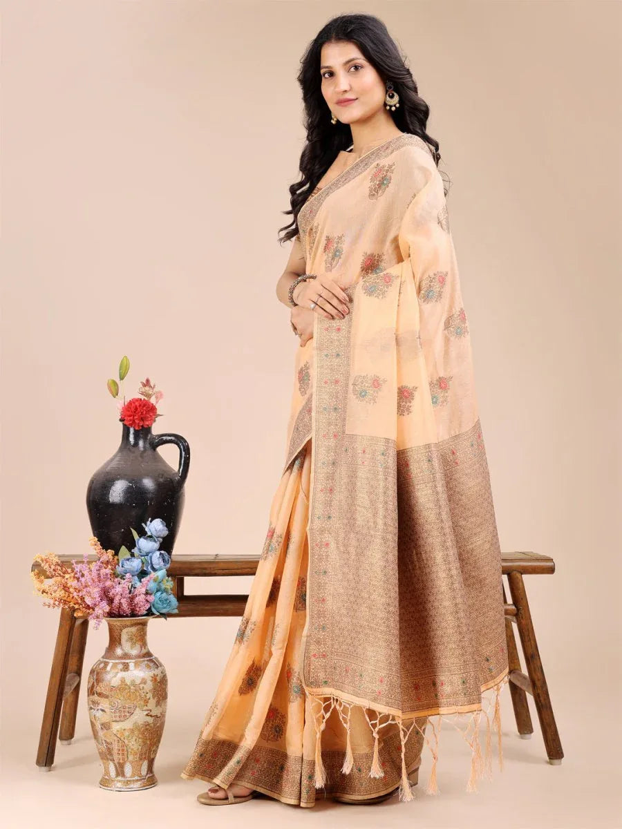 Peach Cotton Saree With Blouse Piece - EZBER