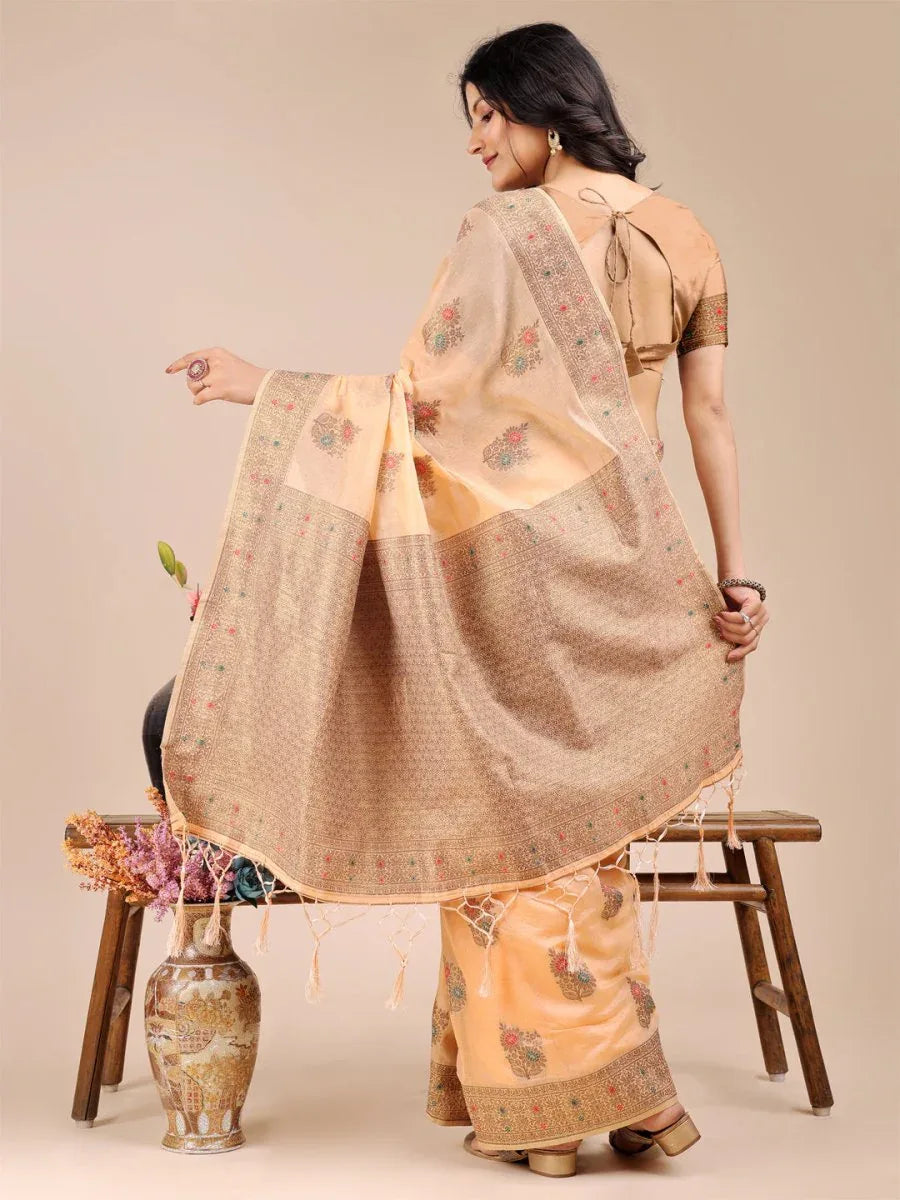 Peach Cotton Saree With Blouse Piece - EZBER