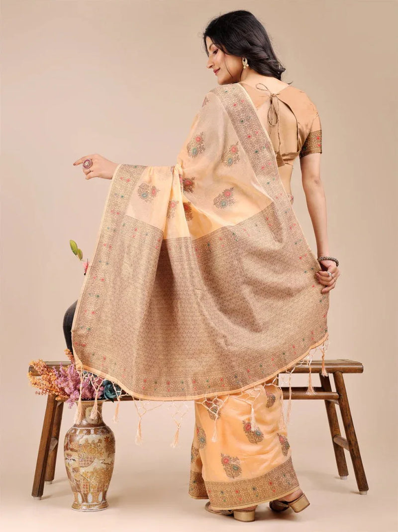 Peach Cotton Saree With Blouse Piece - EZBER