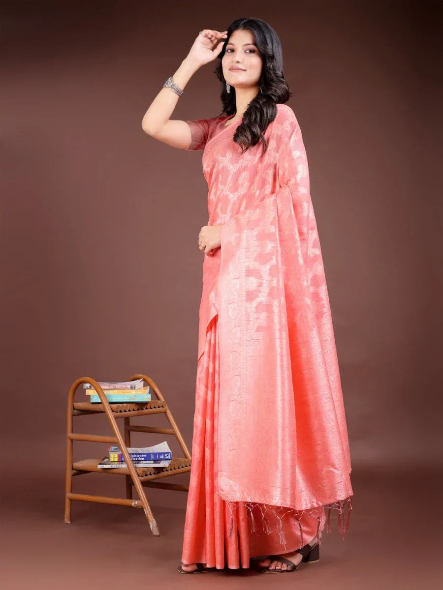Peach Linen Cotton Saree With Blouse Piece - EZBER