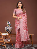 Peach Linen Cotton Saree With Blouse Piece - EZBER