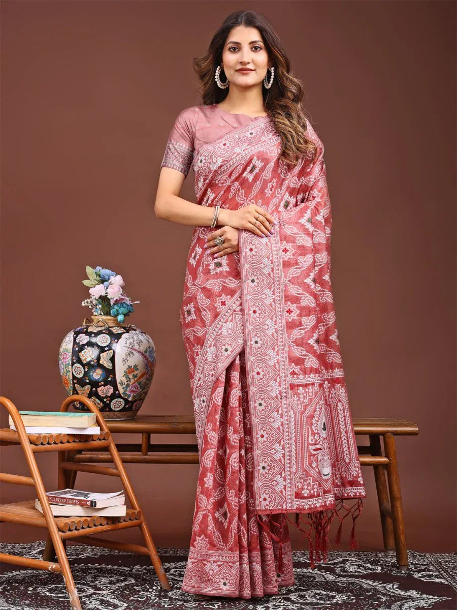 Peach Linen Cotton Saree With Blouse Piece - EZBER