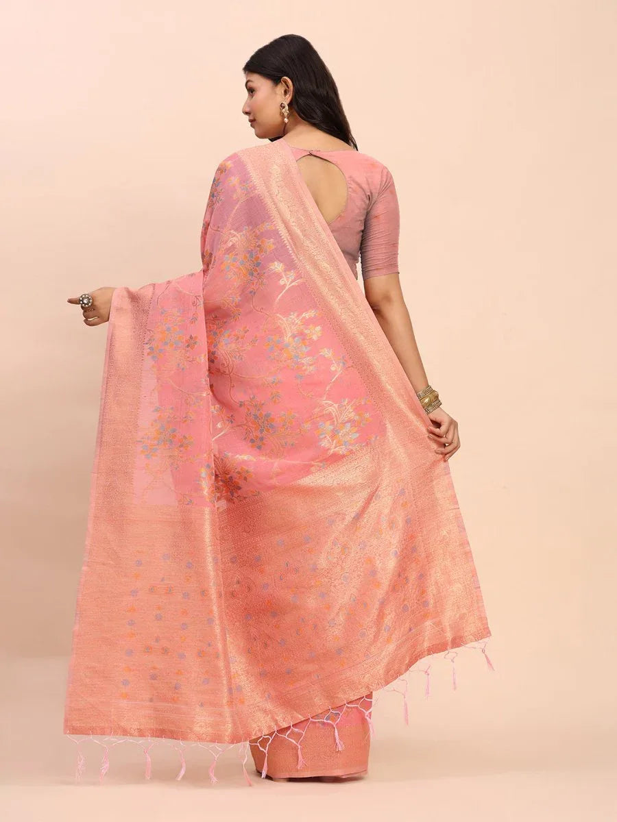 Peach Linen Cotton Saree With Blouse Piece - EZBER