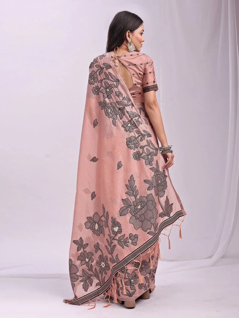 Peach Linen Cotton Saree With Blouse Piece - EZBER