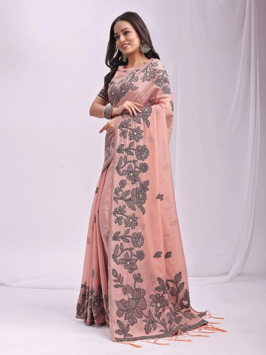 Peach Linen Cotton Saree With Blouse Piece - EZBER