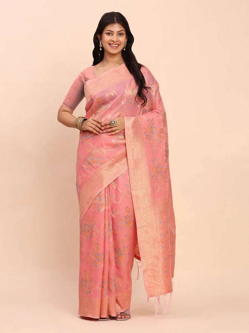 Peach Linen Cotton Saree With Blouse Piece - EZBER