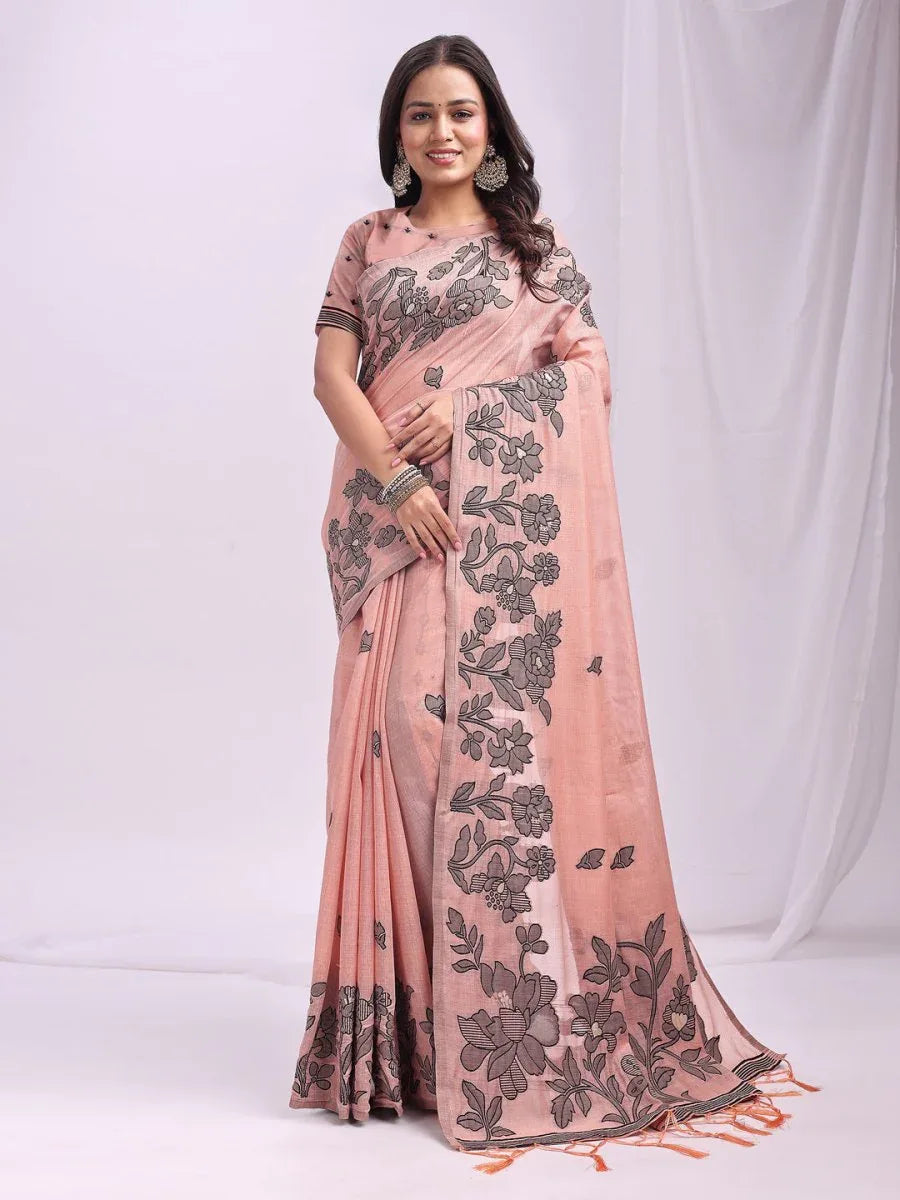 Peach Linen Cotton Saree With Blouse Piece - EZBER