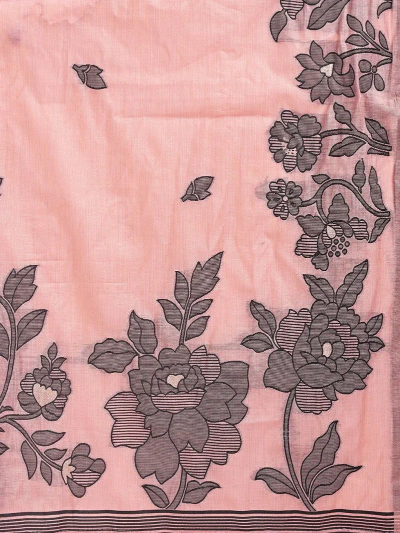 Peach Linen Cotton Saree With Blouse Piece - EZBER