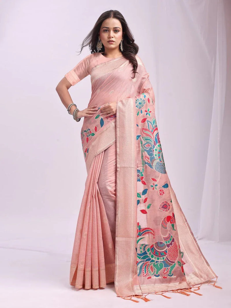 Peach Linen Cotton Saree With Blouse Piece - EZBER