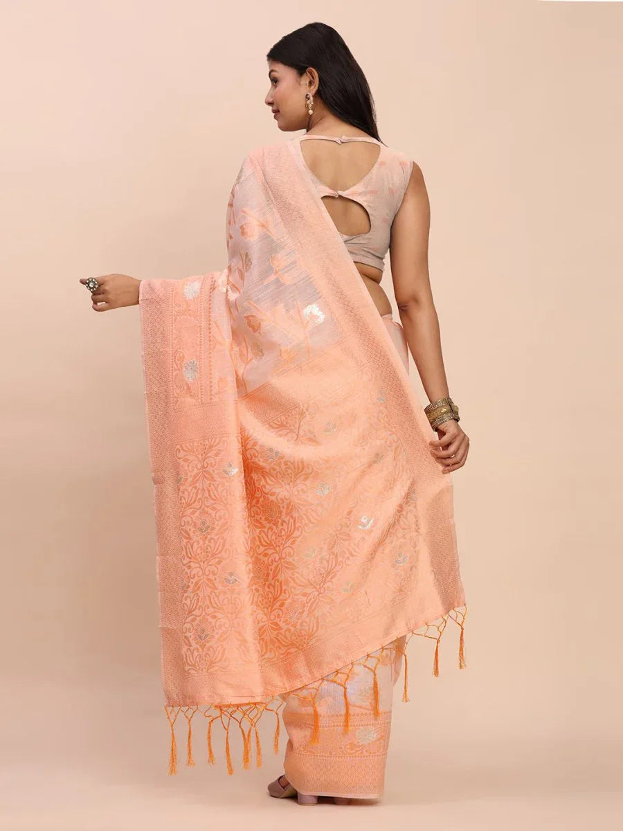 Peach Linen Cotton Saree With Blouse Piece - EZBER