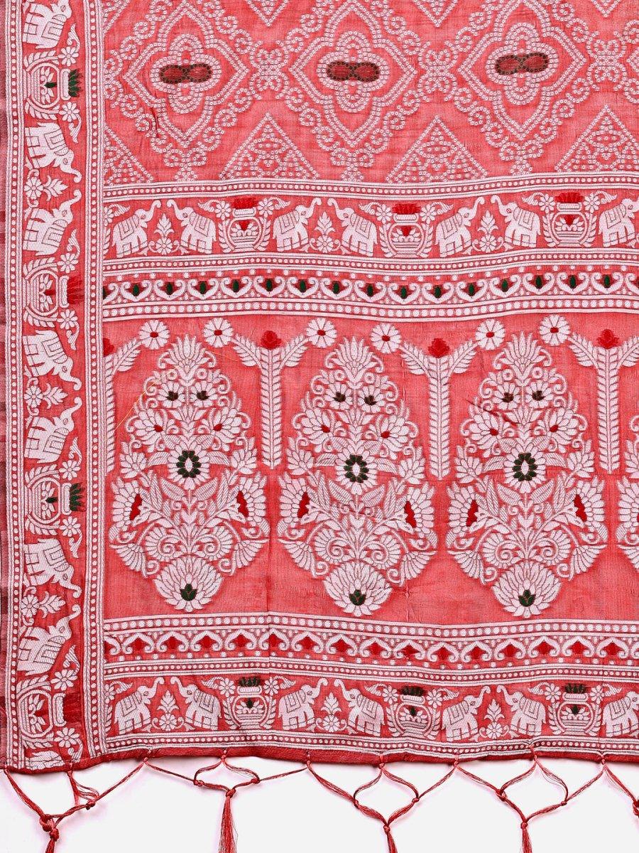 Peach Linen Cotton Saree With Blouse Piece - EZBER