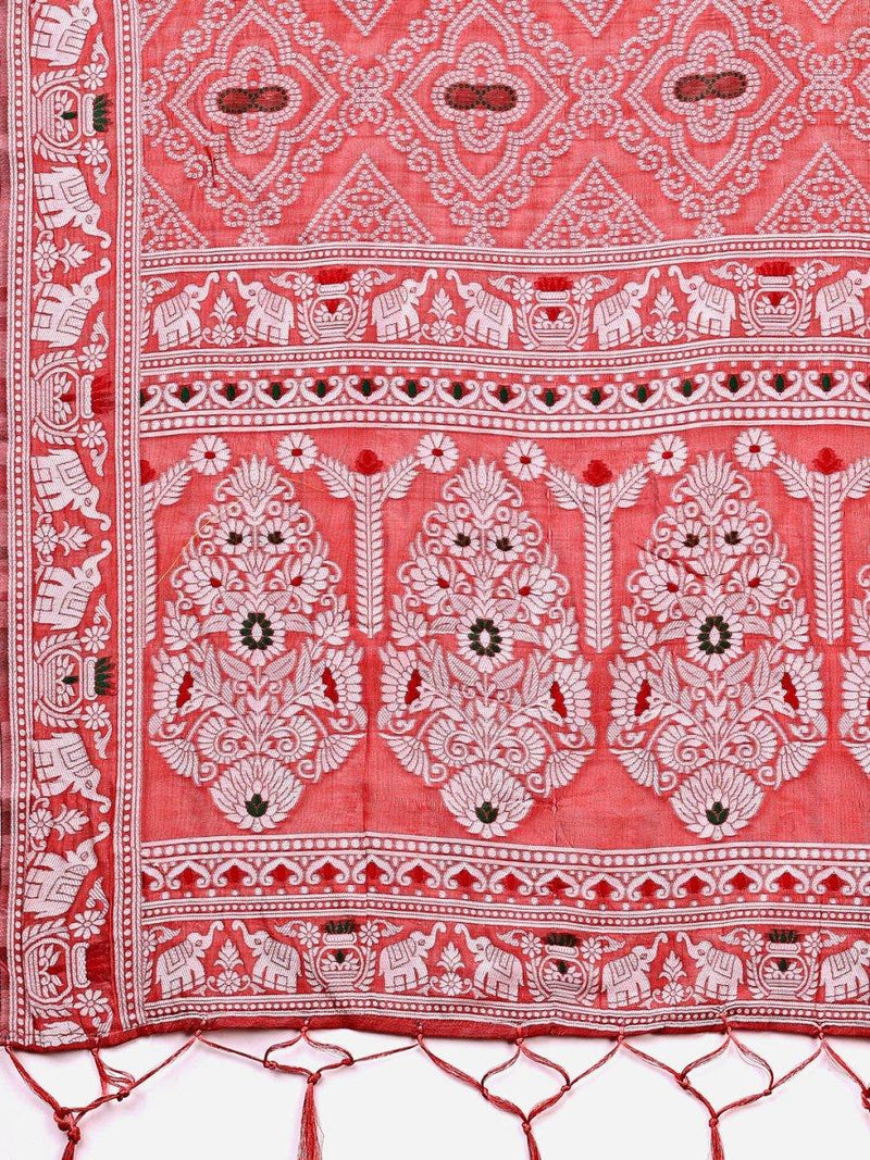 Peach Linen Cotton Saree With Blouse Piece - EZBER