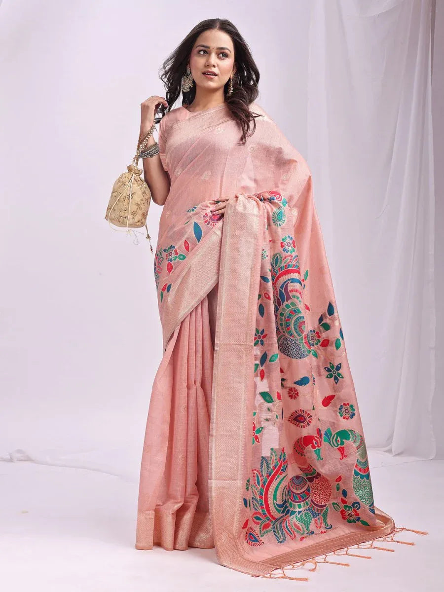 Peach Linen Cotton Saree With Blouse Piece - EZBER