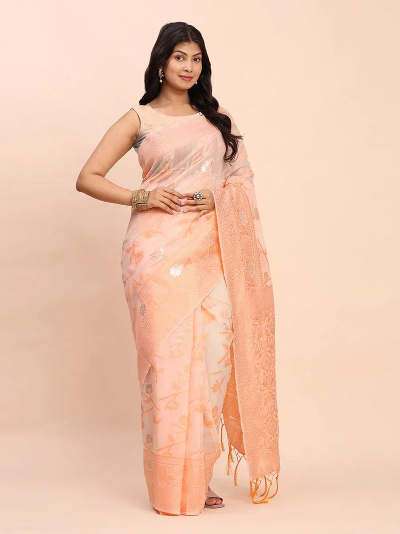 Peach Linen Cotton Saree With Blouse Piece - EZBER