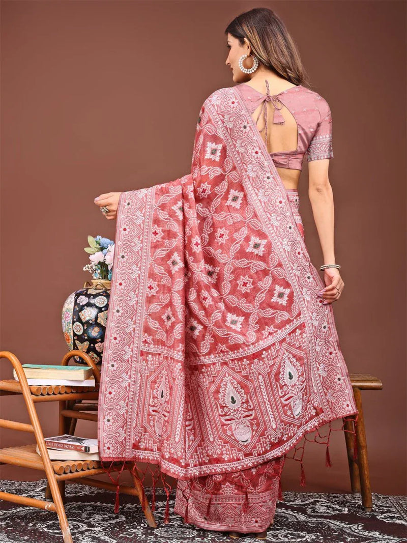 Peach Linen Cotton Saree With Blouse Piece - EZBER