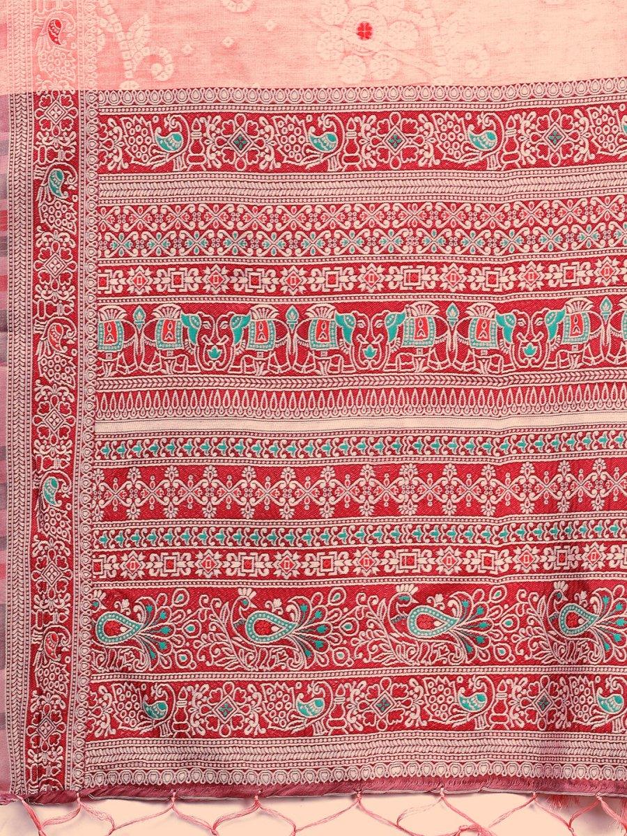 Peach Linen Cotton Saree With Blouse Piece - EZBER