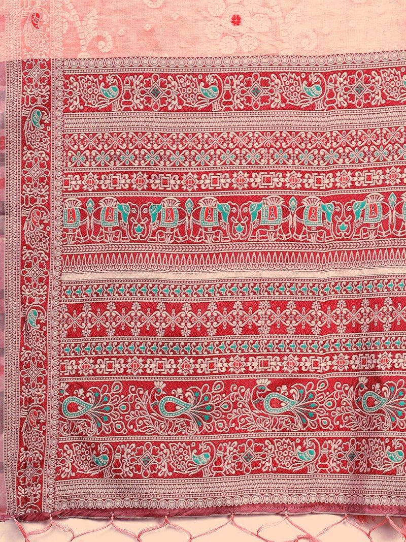 Peach Linen Cotton Saree With Blouse Piece - EZBER