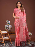 Peach Linen Cotton Saree With Blouse Piece - EZBER