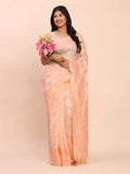 Peach Linen Cotton Saree With Blouse Piece - EZBER