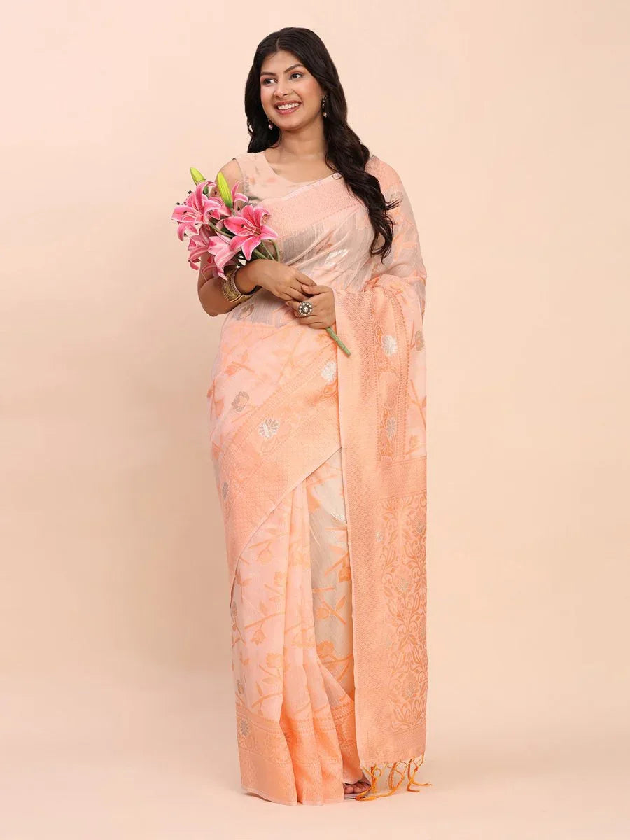 Peach Linen Cotton Saree With Blouse Piece - EZBER