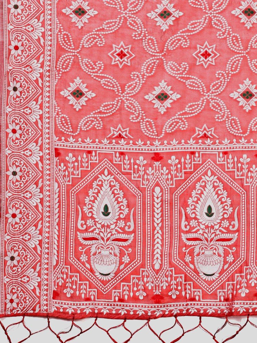 Peach Linen Cotton Saree With Blouse Piece - EZBER