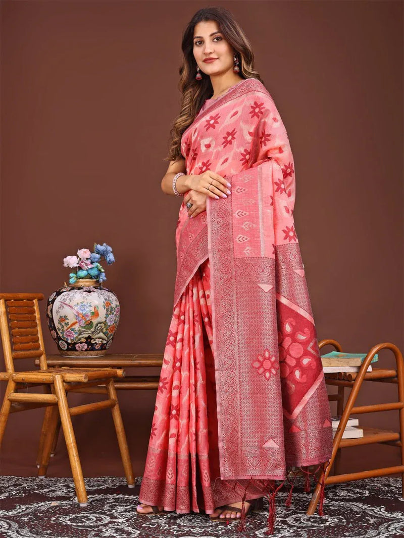 Peach Linen Cotton Saree With Blouse Piece - EZBER