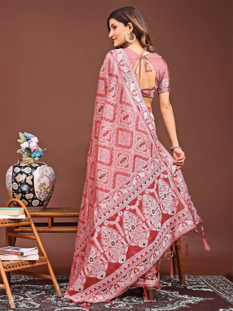 Peach Linen Cotton Saree With Blouse Piece - EZBER