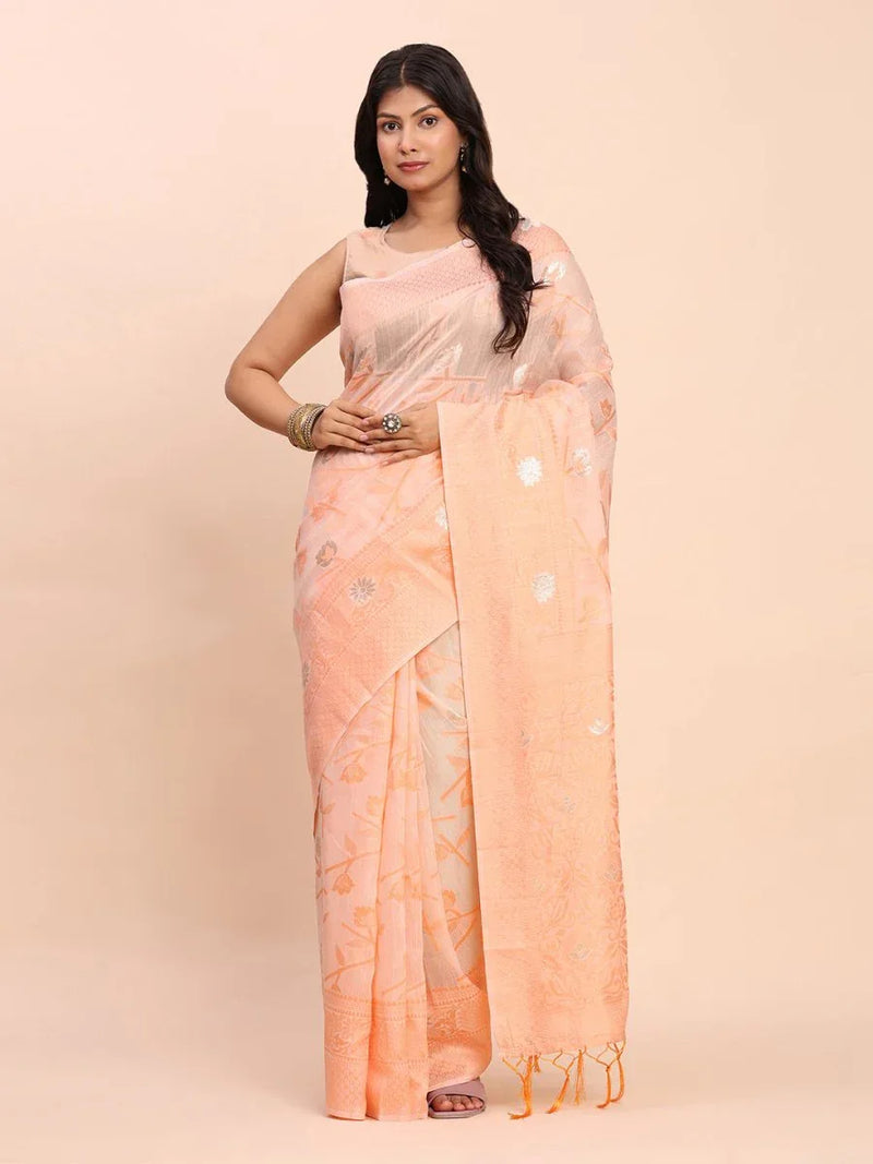 Peach Linen Cotton Saree With Blouse Piece - EZBER