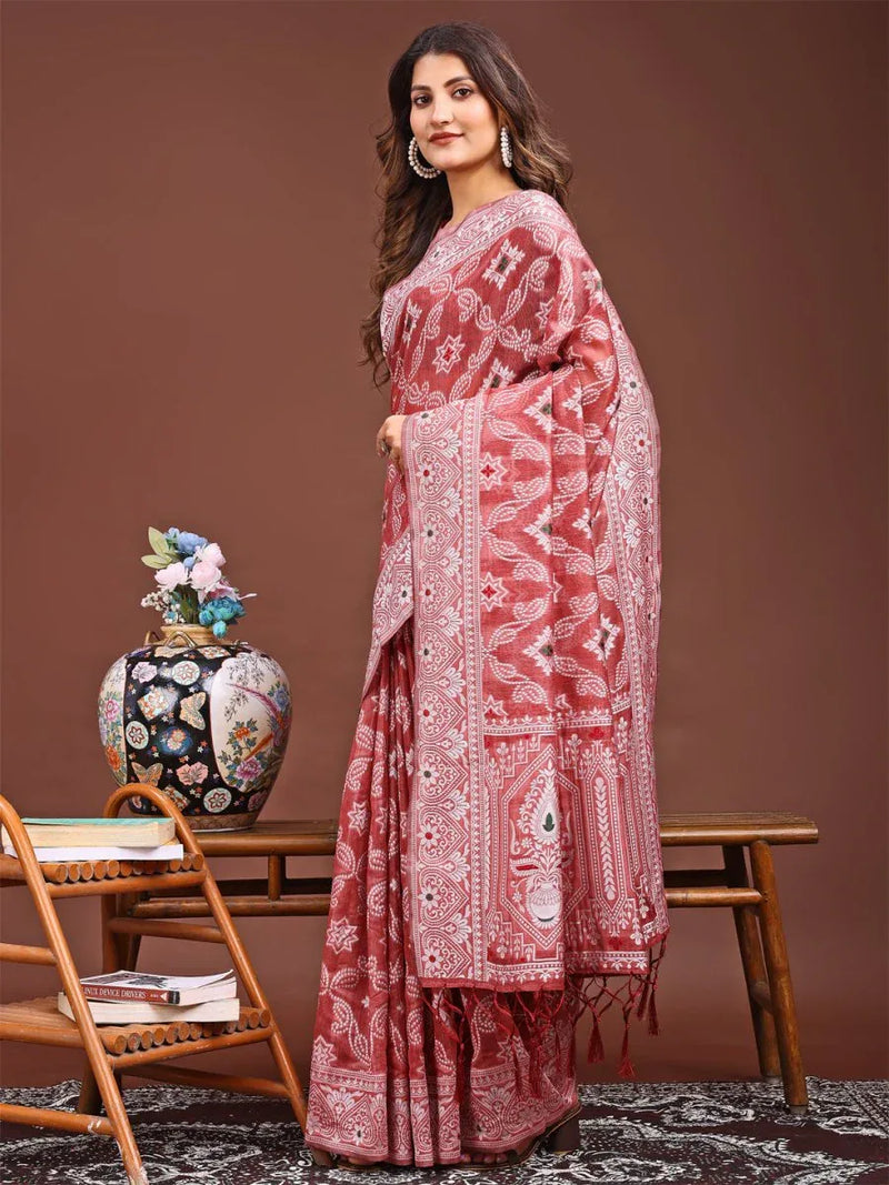 Peach Linen Cotton Saree With Blouse Piece - EZBER