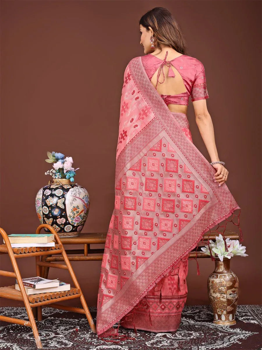 Peach Linen Cotton Saree With Blouse Piece - EZBER