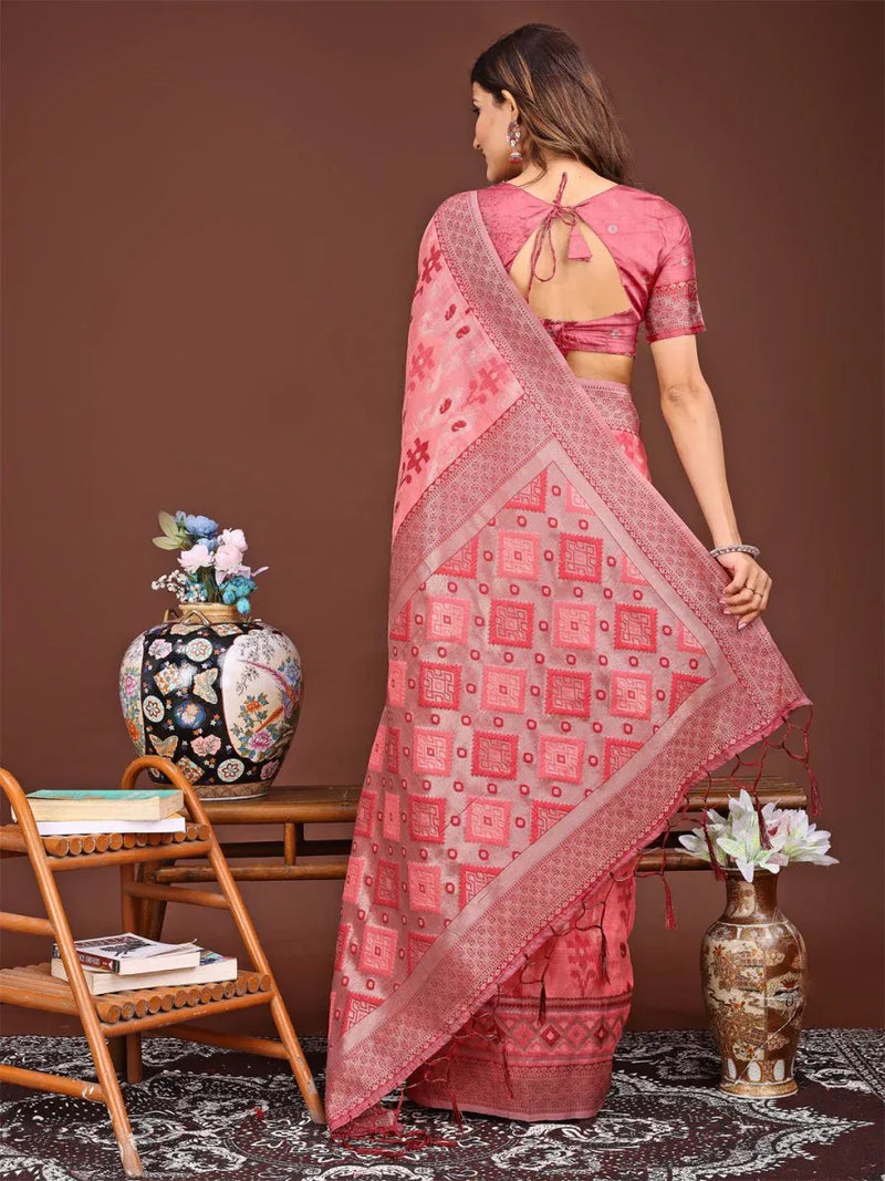 Peach Linen Cotton Saree With Blouse Piece - EZBER